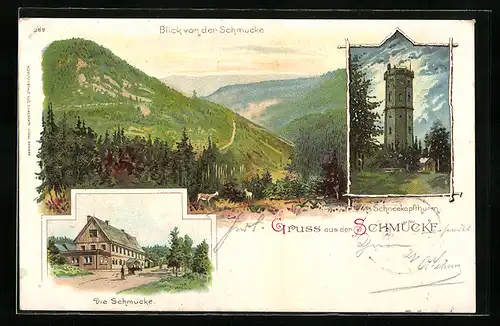 Lithographie Gehlberg, Gasthaus Schmücke, Schneekopfturm, Panorama