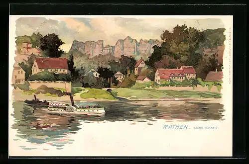 Lithographie Rathen / Sächs. Schweiz, Dampferpartie und Blick zur Bastei