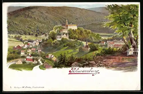 Lithographie Schwarzburg, Gesamtansicht mit Blick auf das Schloss