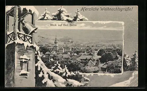 AK Bad Sulza, Teilansicht mit Kirche im Winter, Glockenturm, Weihnachtsgruss