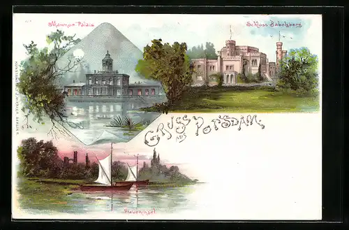 Lithographie Potsdam, Mammor-Palais, Schloss Babelsberg, Pfaueninsel