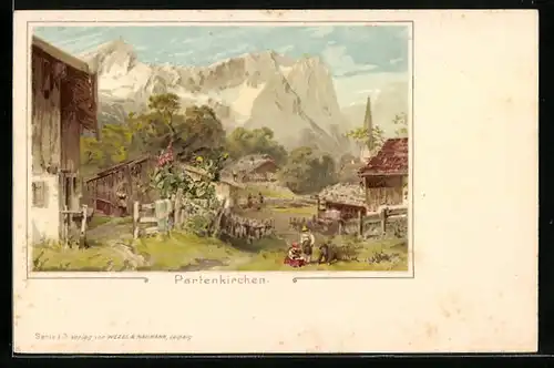 Lithographie Partenkirchen, Ortsansicht mit Gebirge