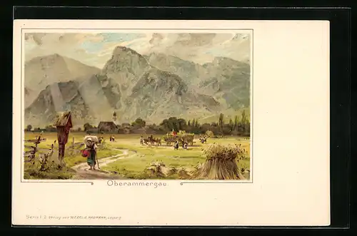 Lithographie Oberammergau, Bildstock vor der Stadt