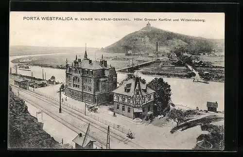 AK Porta Westfalica, Hotel Grosser Kurfürst und Wittekindsberg mit Kaiser Wilhelm-Denkmal