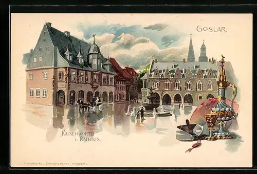 Künstler-AK Goslar, Kaiserworth und Rathaus