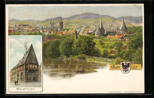 Lithographie Goslar, Gasthaus Brusttuch, Gesamtansicht, Wappen