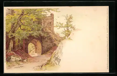 Lithographie Oybin, Weg durch einen Torbogen