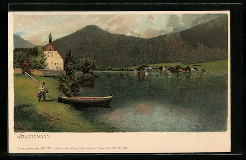 Künstler-AK Alexander Marcks: Walchensee, Panorama mit Uferpartie und Boot