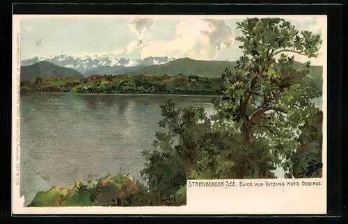 Lithographie Tutzing, Blick auf`s Gebirge, Starnberger See