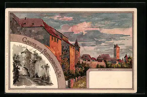 Lithographie Rothenburg, Alte Burg, Strafturm