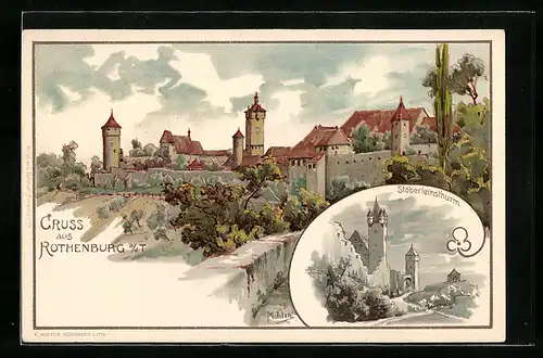 Lithographie Rothenburg o. T., Panorama, Stöberleinsthurm