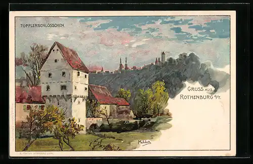 Lithographie Rothenburg o. T., Topplerschlösschen, Turm