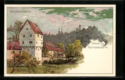 Lithographie Rothenburg o. T., Topplerschlösschen, Turm