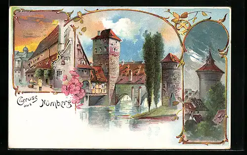 Lithographie Nürnberg, verschiedene Ortsansichten