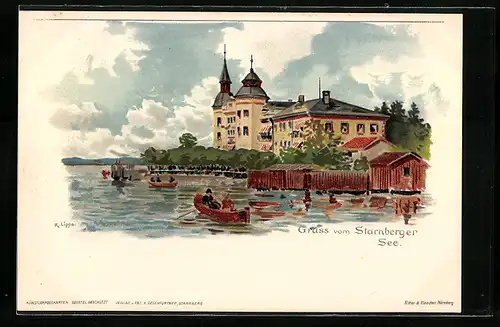 Lithographie Starnberg /Starnberger See, Uferpartie mit Booten