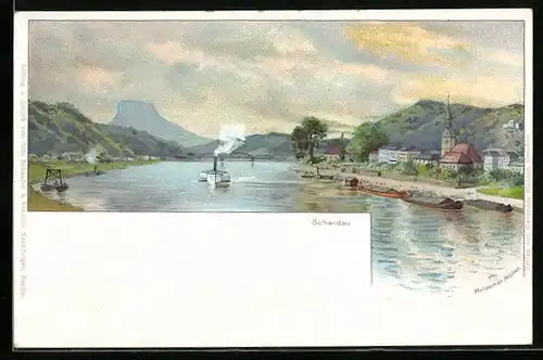 Lithographie Schandau, Uferpartie der Ortschaft