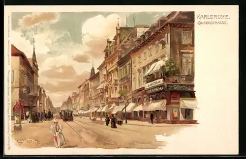 Künstler-AK Carl Münch: Karlsruhe, Blick in die Kaiserstrasse mit Strassenbahn