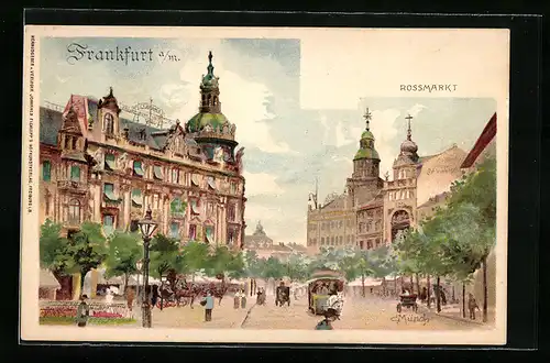 Lithographie Frankfurt a. M., Rossmarkt mit Pferdebahn