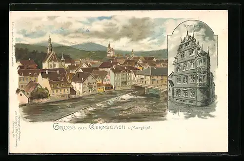 Künstler-Lithographie Carl Münch: Gernsbach i. Murgthal, Ortsansicht und Rathaus