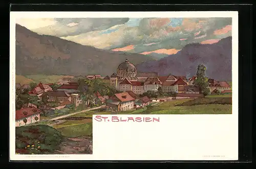 Künstler-AK St. Blasien, Teilansicht mit Bergen