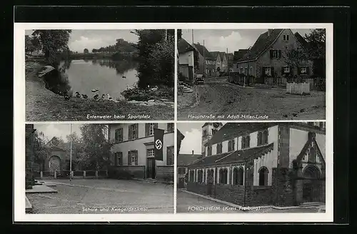 AK Forchheim, Entenweier b. Sportplatz, Schule u. Kriegsdenkmal, Hauptstrasse m. Linde