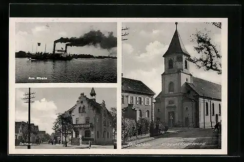 AK Elchesheim, Kirche und Kriegerdenkmal, Rathaus, Am Rhein