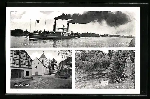 AK Ottenheim, Bei der Kirche, Altrhein, Rheinpartie mit Dampfer