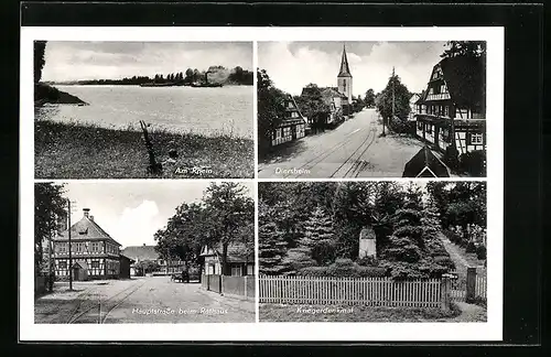AK Diersheim, Hauptstrasse beim Rathaus, Kriegerdenkmal, Am Rhein