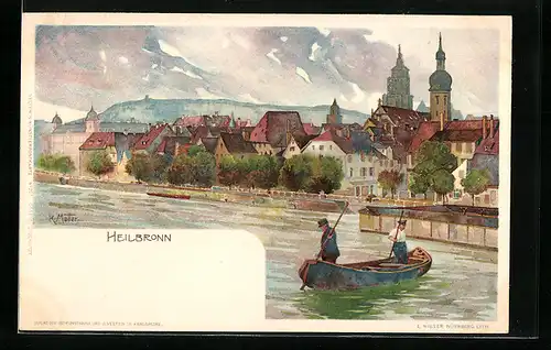 Künstler-AK Karl Mutter: Heilbronn, Panorama mit Kahnpartie