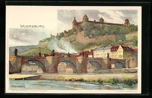Künstler-AK K. Mutter: Würzburg, Blick über die Brücke zum Marienberg