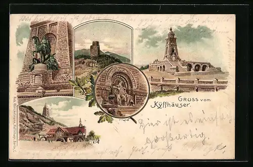 Lithographie Kyffhäuser, Kyffhäuser-Denkmal, Barbarossa, Reiterstandbild