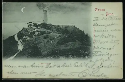 Mondschein-AK Jena, Fuchsturm mit Gasthaus und Umgebung