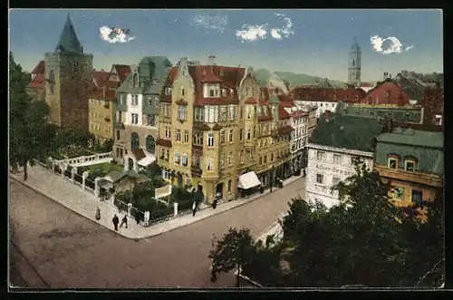 AK Jena, Strassenpartie aus der Vogelschau, Adler Drogerie