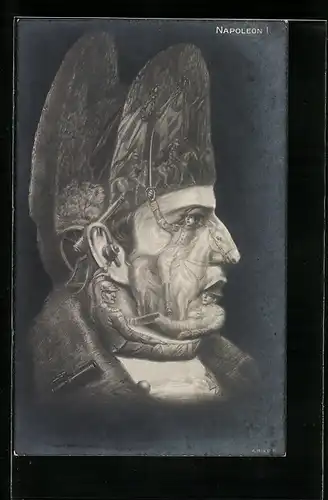 AK Porträt Napoleon I., mit Schlachtszenen im Gesicht, Kavallerist, Metamorphose