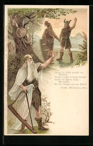 Lithographie Germanische Krieger und Schamane mit Harfe