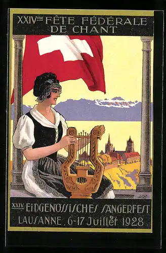 AK Lausanne, XXIV. Eidg. Sängerfest 1928, Dame mit Harfe und schweizer Fahne