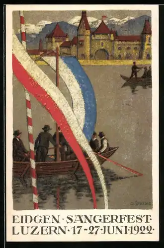 AK Luzern, 23. Eidgenöss. Sängerfest 1922, Leute in Booten auf dem See