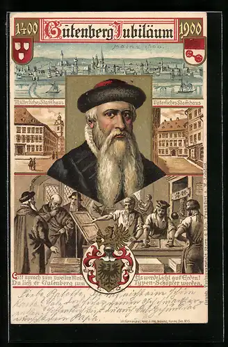 AK Mainz, Gutenberg Jubiläum, Portrait Gutenberg, Erfinder des Buchdruck, mütter- & väterliches Stammhaus