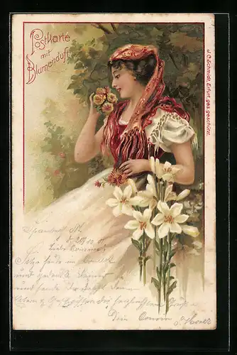 Duft-AK Frau und Blumen mit Duft