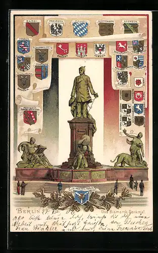 Lithographie Berlin, Bismarck-Denkmal und deutsche Wappen