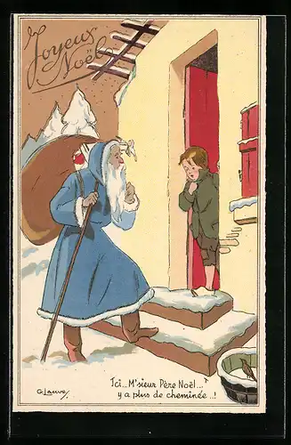AK Weihnachtsmann in blauem Mantel kommt zu einem Kind