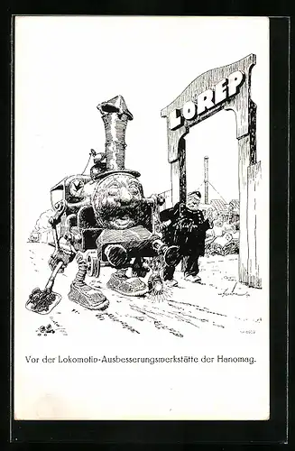 AK Lokomotive vor der Ausbesserungswerkstätte der Hanomag