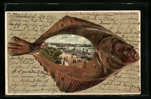 Passepartout-Lithographie Kiel, Ansicht des Kriegshafens, Kriegsschiffe, Fisch