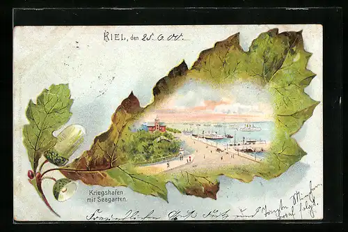 Passepartout-Lithographie Kiel, Kriegshafen mit Seegarten im Eichenblattrahmen