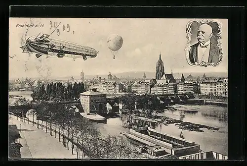 AK Frankfurt a. M., Interantionale Luftfahrt-Ausstellung 1909, Zeppelin und Ballon über der Stadt