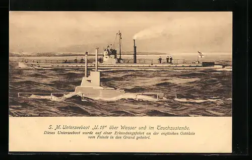 AK SM U-Boot U.15 über Wasser und im Tauchzustand