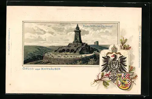 Passepartout-Lithographie Kyffhäuser, Kaiser-Wilhelm-Denkmal mit geprägten Wappen