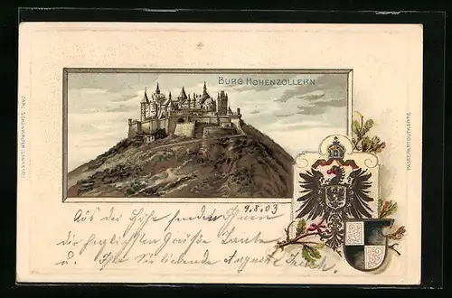 Passepartout-Lithographie Hechingen, Blick auf die Burg Hohenzollern, Wappen