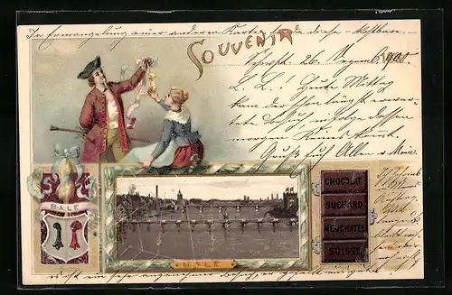 Lithographie Basel, Panorama, Chocolat Suchard Neuchatel Suisse, Wappen