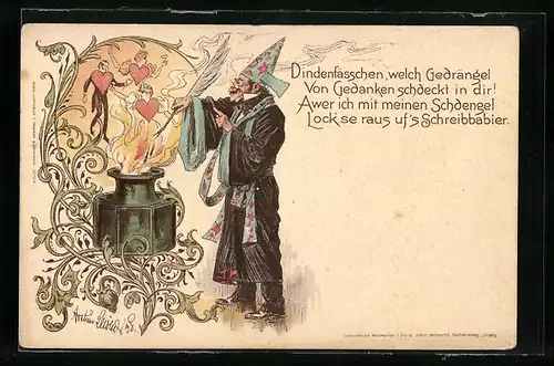 Künstler-AK Zauberer zaubert am Tintenfass